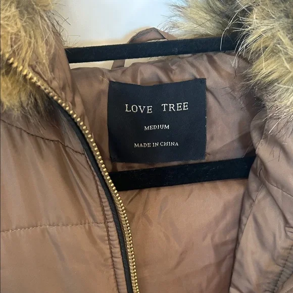 Brown Puffer Vest with Faux Fur Hood | Love Tree - Picture 3 of 4